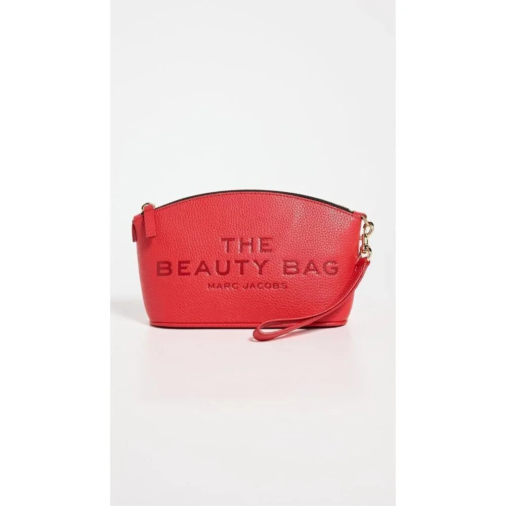 Leather Beauty Bag Womens Red Cow Split Leather Zipper Closure 12x9x2